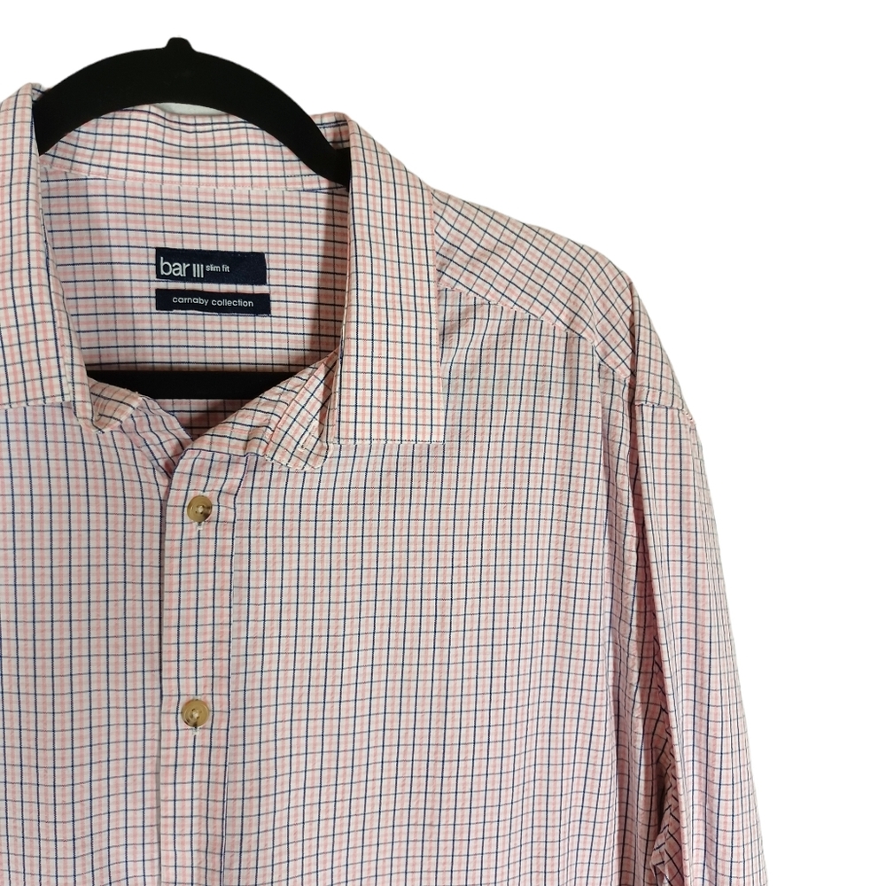 BAR III Pink Blue Micro Window Pane Plaid Print Button Front Long Sleeve Shirt